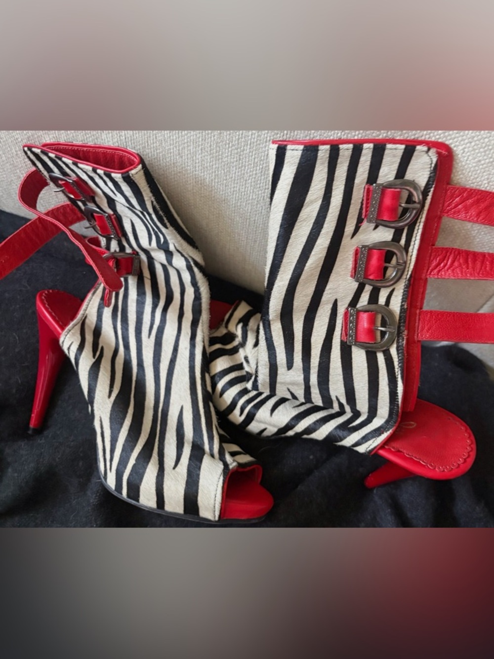 Zeyzani Zebra Calf Hair Statement Booties- Red Leather- Made in Italy- Size 38
